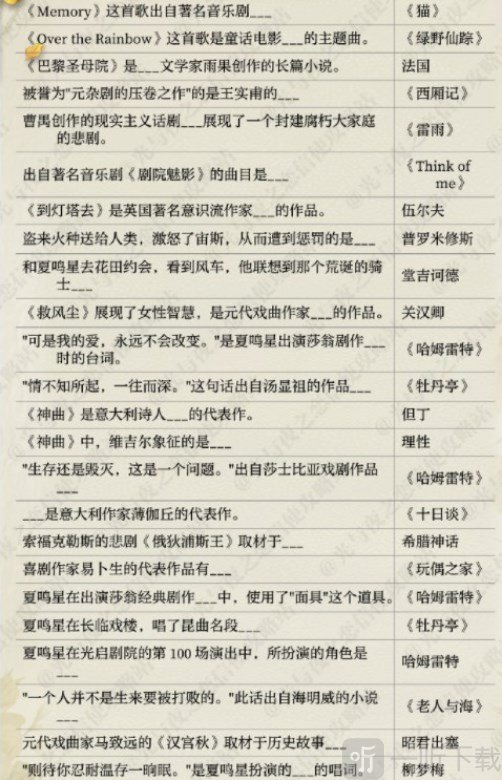 光與夜之戀尋覓書海答案大全 尋覓書海答案匯總