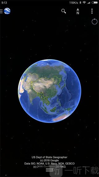 谷歌地球APP打开后主界面地球视图展示截图