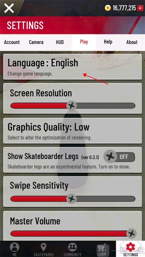 真实滑板语言设置play选项菜单界面