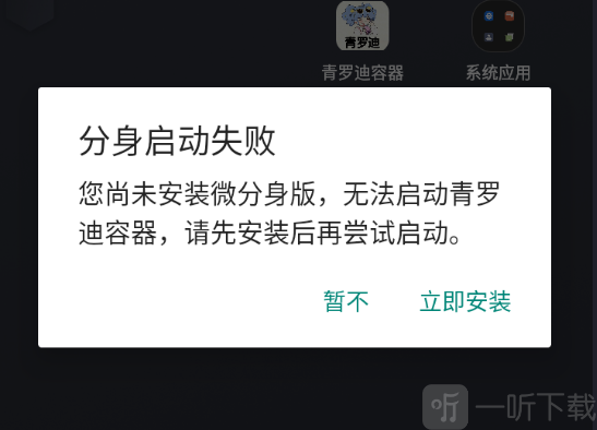 青罗迪容器分身应用安装与悬浮窗权限设置界面