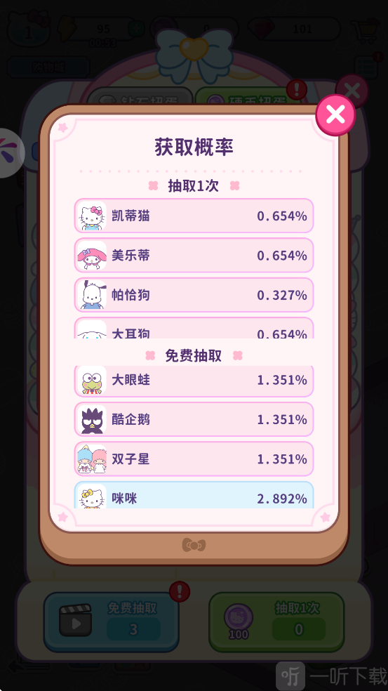 Hello Kitty My Dream Store角色概率页面