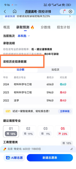 百度AI志愿助手查看院校历史数据