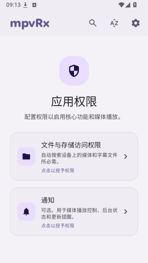 MpvRx首次启动与应用权限设置界面